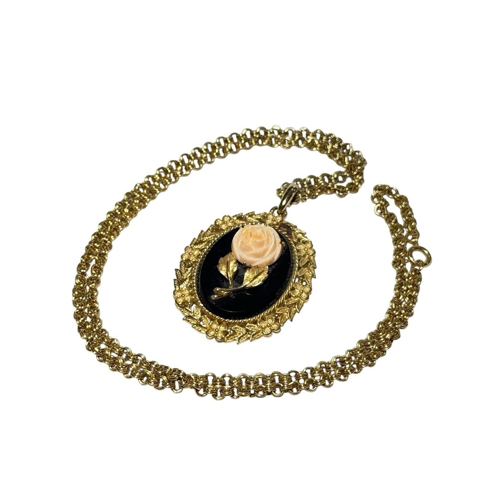 Vtg Gold Tone Mirror Pendant Necklace Pink Rose Cameo Floral Oval Framed